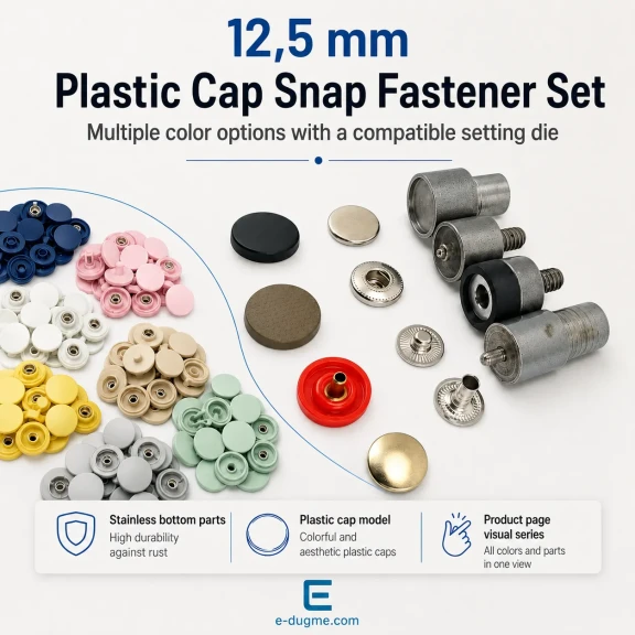12,5 mm Plastik Kapaklı Çıtçıt Renk Seçim Seti – 12 Renk / 600 Takım – 54 Sistem Paslanmaz Alt Parça + Montaj Aparatı ve Set Kutusu Hediyeli SET-CITCIT-125PL-12RENK-600