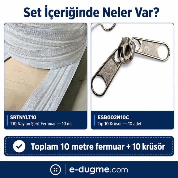T10 Naylon Şerit Fermuar Seti - 10 Metre + 10 Krüsör