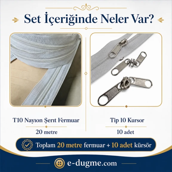 T10 Naylon Şerit Fermuar Seti 20 Metre + 10 Krüsör