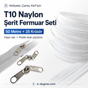 Atölyeler İçin Çanta, Kılıf T10 Naylon Şerit Fermuar Seti – 50 Metre + 25 Krüsör - SET-T10-NAYLON-50M25C
