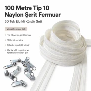 Atölyeler İçin 100 Metre Tip 10 Naylon Şerit Fermuar ve 50 Tek Elcikli Kürsör Seti SET-T10T-NAYLON-100M50C