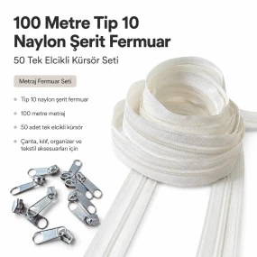 Atölyeler İçin 100 Metre Tip 10 Naylon Şerit Fermuar ve 50 Tek Elcikli Kürsör Seti SET-T10T-NAYLON-100M50C