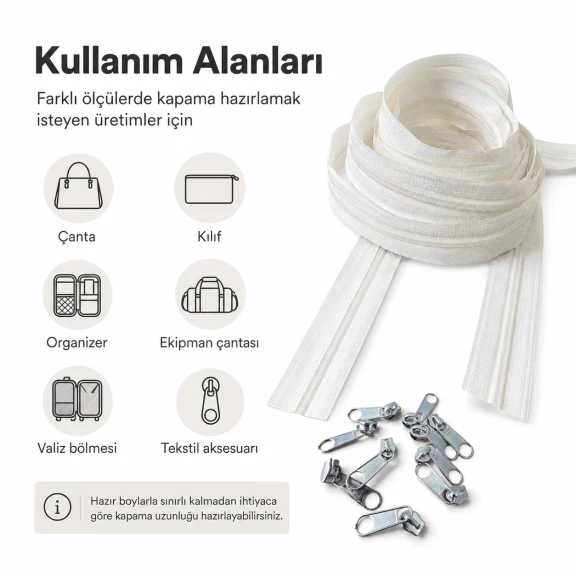 Atölyeler İçin 100 Metre Tip 10 Naylon Şerit Fermuar ve 50 Tek Elcikli Kürsör Seti - Çanta, Kılıf ve Tekstil Ürünleri için