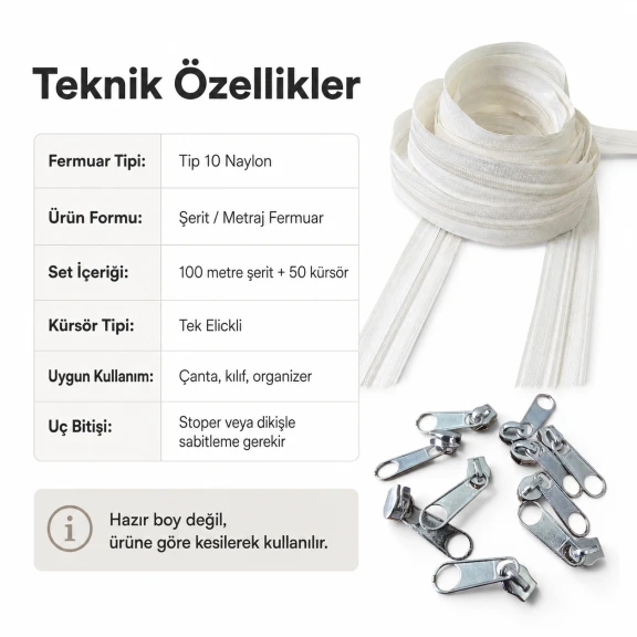 Atölyeler İçin 100 Metre Tip 10 Naylon Şerit Fermuar ve 50 Tek Elcikli Kürsör Seti - Çanta, Kılıf ve Tekstil Ürünleri için