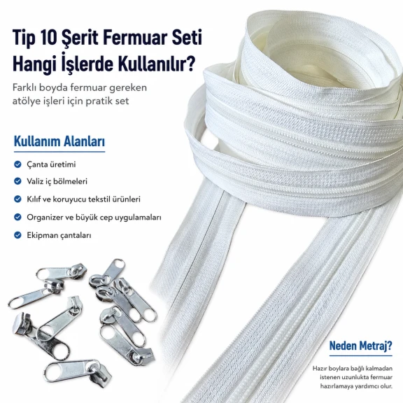 Atölyeler için 10 metre T10 naylon şerit fermuar ve 10 tek elcikli kürsör seti