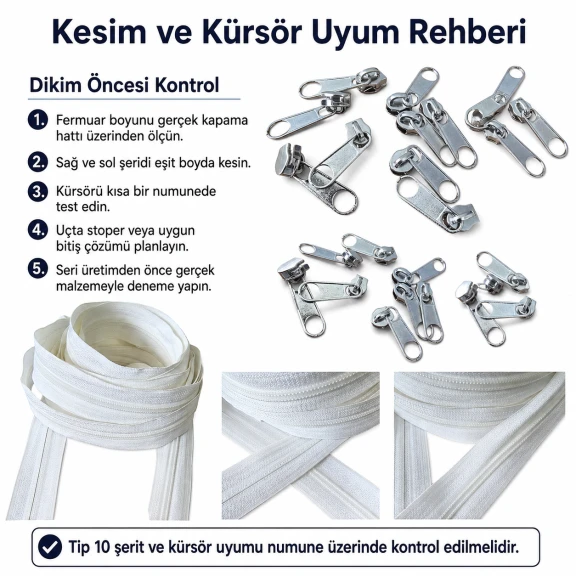 Atölyeler için 10 metre T10 naylon şerit fermuar ve 10 tek elcikli kürsör seti