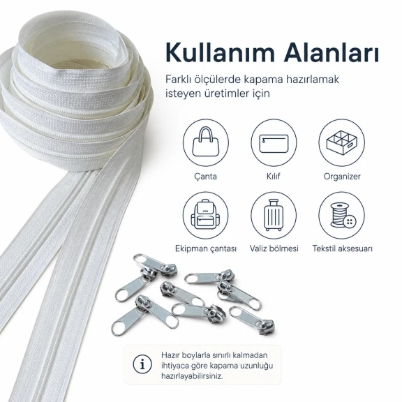 Atölyeler İçin 200 Metre Tip 10 Naylon Şerit Fermuar ve 100 Tek Elcikli Kürsör Seti - Çanta, Kılıf ve Tekstil Aksesuarları