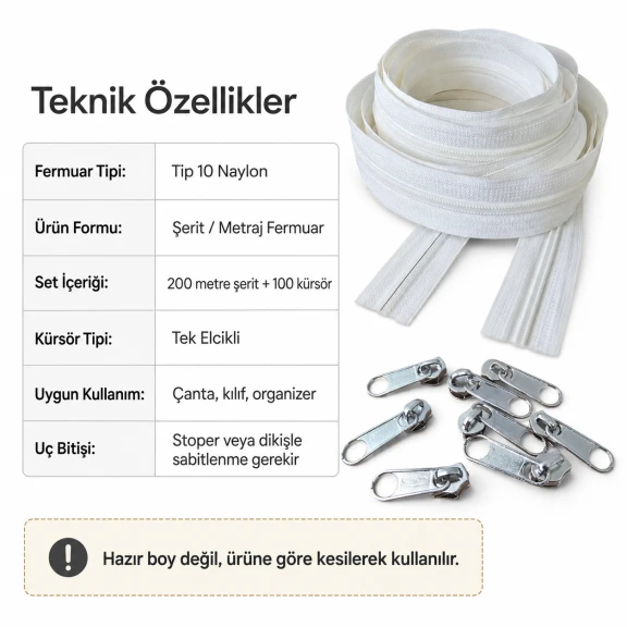 Atölyeler İçin 200 Metre Tip 10 Naylon Şerit Fermuar ve 100 Tek Elcikli Kürsör Seti - Çanta, Kılıf ve Tekstil Aksesuarları