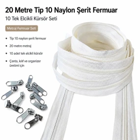 Atölyeler İçin 20 Metre Tip 10 Naylon Şerit Fermuar ve 10 Tek Elcikli Kürsör Seti SET-T10T-NAYLON-20M10C