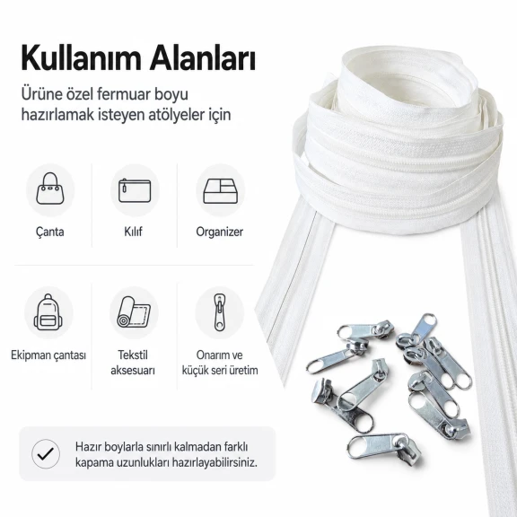Atölyeler İçin 20 Metre Tip 10 Naylon Şerit Fermuar ve 10 Tek Elcikli Kürsör Seti, çanta, kılıf ve tekstil aksesuarları için