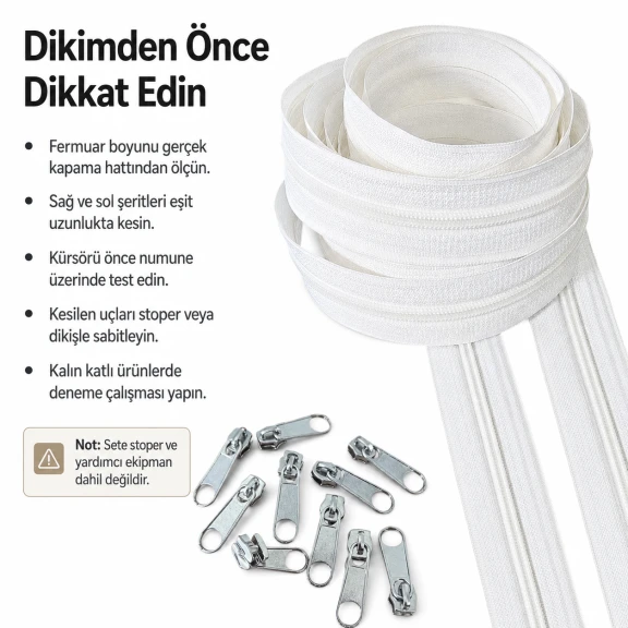 Atölyeler İçin 20 Metre Tip 10 Naylon Şerit Fermuar ve 10 Tek Elcikli Kürsör Seti, çanta, kılıf ve tekstil aksesuarları için