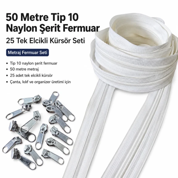 Atölyeler İçin 50 Metre Tip 10 Naylon Şerit Fermuar ve 25 Tek Elcikli Kürsör Seti, çanta, kılıf ve tekstil aksesuarları için