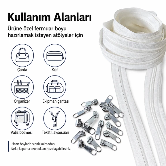 Atölyeler İçin 50 Metre Tip 10 Naylon Şerit Fermuar ve 25 Tek Elcikli Kürsör Seti, çanta, kılıf ve tekstil aksesuarları için