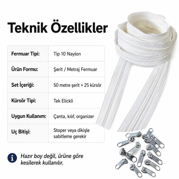 Atölyeler İçin 50 Metre Tip 10 Naylon Şerit Fermuar ve 25 Tek Elcikli Kürsör Seti, çanta, kılıf ve tekstil aksesuarları için