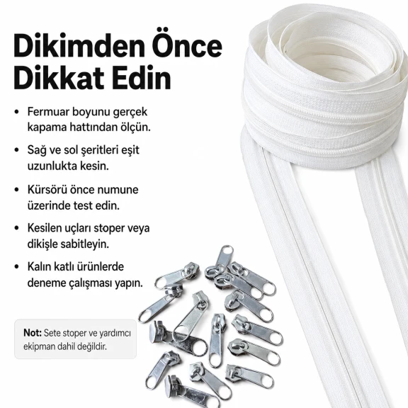 Atölyeler İçin 50 Metre Tip 10 Naylon Şerit Fermuar ve 25 Tek Elcikli Kürsör Seti, çanta, kılıf ve tekstil aksesuarları için