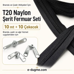 T20 Naylon Branda ve Çadır Şerit Fermuar Seti – 10 mt + 10 Çekecek - SET-T20-NAYLON-10M10C