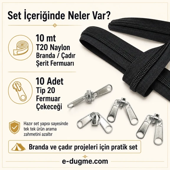 T20 Naylon Branda ve Çadır Şerit Fermuar Seti - 10 mt uzunluğunda, TPU kaplamalı su geçirmez naylon fermuar