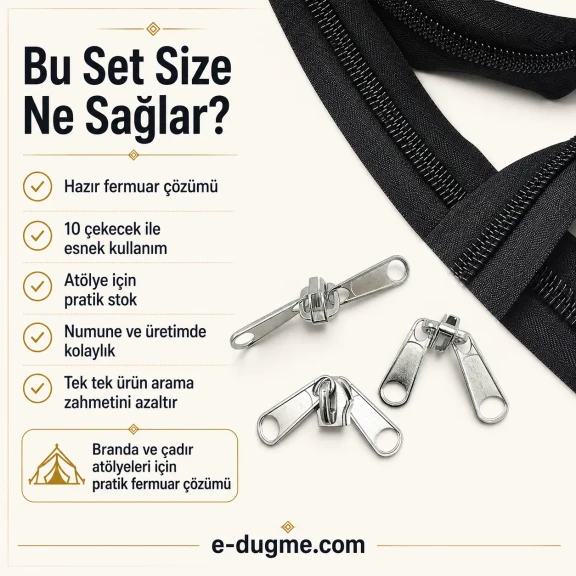 T20 Naylon Branda ve Çadır Şerit Fermuar Seti - 10 mt uzunluğunda, TPU kaplamalı su geçirmez naylon fermuar