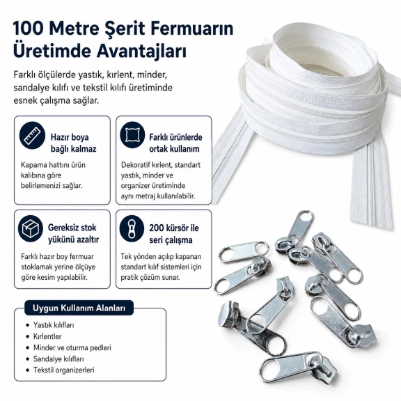 Yastık ve kırlent kılıfları için Tip 5 naylon şerit fermuar seti, 100 m uzunluğunda ve 200 tek elcikli kürsör ile ev