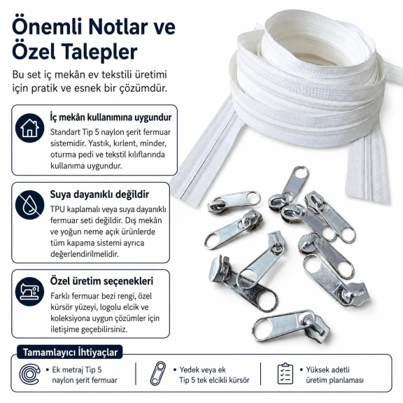 Yastık ve kırlent kılıfları için Tip 5 naylon şerit fermuar seti, 100 m uzunluğunda ve 200 tek elcikli kürsör ile ev