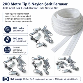 Yastık ve Kırlent Kılıfları İçin Usta Seviye Tip 5 Naylon Şerit Fermuar Seti – 200 m ve 400 Tek Elcikli Kürsör SET-T5T-NAYLON-200M400C
