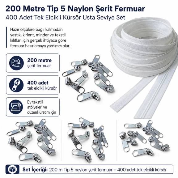 Yastık ve kırlent kılıfları için Tip 5 naylon şerit fermuar seti, 200 m uzunluğunda ve 400 adet tek elcikli kürsör ile ev