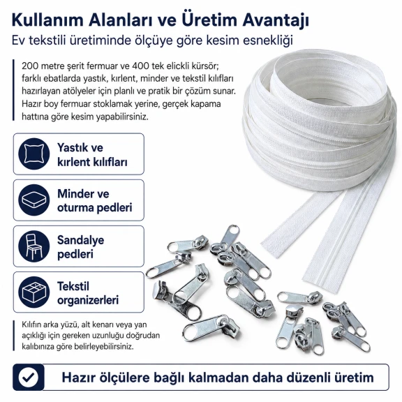 Yastık ve kırlent kılıfları için Tip 5 naylon şerit fermuar seti, 200 m uzunluğunda ve 400 adet tek elcikli kürsör ile ev