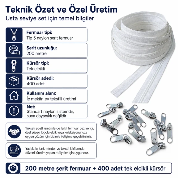 Yastık ve kırlent kılıfları için Tip 5 naylon şerit fermuar seti, 200 m uzunluğunda ve 400 adet tek elcikli kürsör ile ev