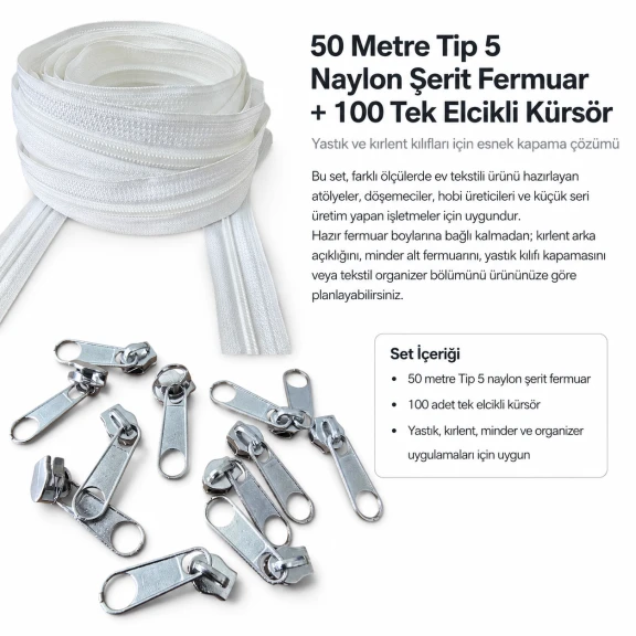 Yastık ve kırlent kılıfları için 50 metre Tip 5 naylon şerit fermuar seti, 100 tek elcikli kürsör ile