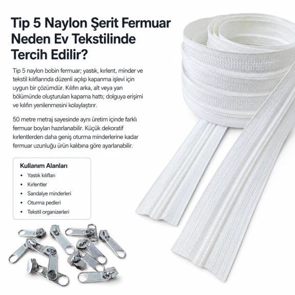 Yastık ve kırlent kılıfları için 50 metre Tip 5 naylon şerit fermuar seti, 100 tek elcikli kürsör ile