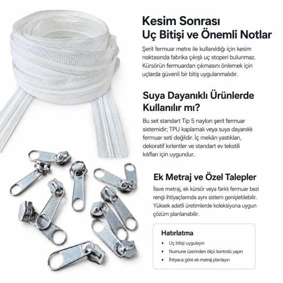 Yastık ve kırlent kılıfları için 50 metre Tip 5 naylon şerit fermuar seti, 100 tek elcikli kürsör ile