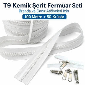 T9 Kemik Branda ve Çadır Şerit Fermuar Seti – 100 mt + 50 Çekecek SET-T9-KEMİK-100M50K