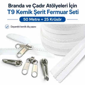 T9 Kemik Branda ve Çadır Şerit Fermuar Seti – 50 mt + 25 Çekecek SET-T9-KEMİK-50M25K