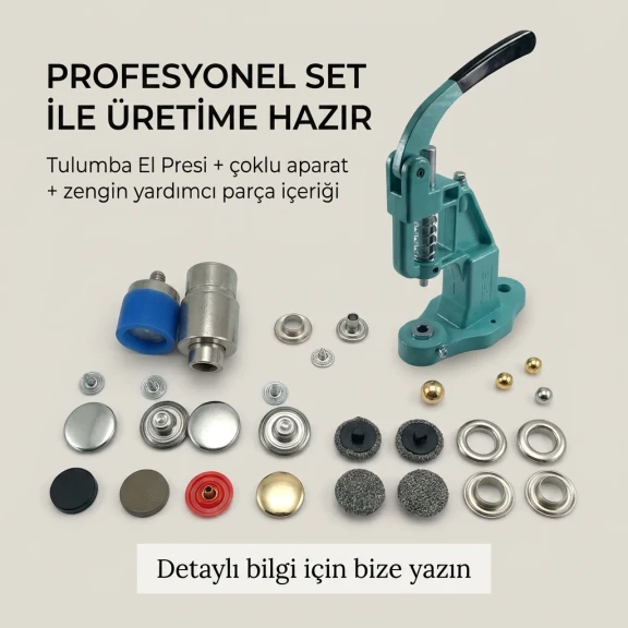 Tulumba El Presi Profesyonel Tekstil Aksesuar Seti – 11 Aparat, İnci, Kot Düğme, Klikit, 54 Sistem, Alfa, Kuşgözü ve Kumaş Kaplama - SET001PRF