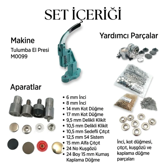 Tulumba El Presi Profesyonel Tekstil Aksesuar Seti – 11 Aparat, İnci, Kot Düğme, Klikit, 54 Sistem, Alfa, Kuşgözü ve Kumaş Kaplama - SET001PRF