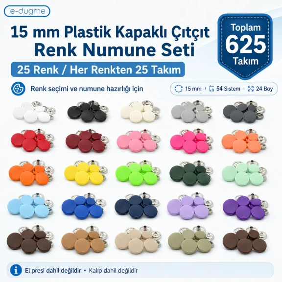 15 mm 54 Sistem Plastik Kapaklı Çıtçıt Renk Numune Seti – 25 Renk / 625 Takım SET15PL25RENK