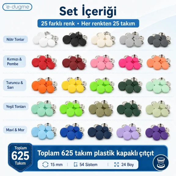 15 mm 54 Sistem Plastik Kapaklı Çıtçıt Renk Numune Seti – 25 Renk / 625 Takım SET15PL25RENK