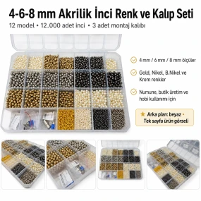 4-6-8 mm Akrilik İnci Renk ve Kalıp Seti – Gold, Nikel, B.Nikel, Krem 12 Model / 12.000 Adet + 3 Kalıp SET4-6-8İNC4RENK