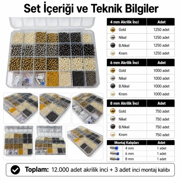 4-6-8 mm Akrilik İnci Renk ve Kalıp Seti – Gold, Nikel, B.Nikel, Krem 12 Model / 12.000 Adet + 3 Kalıp