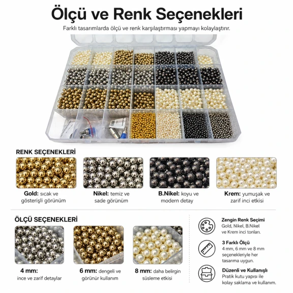 4-6-8 mm Akrilik İnci Renk ve Kalıp Seti – Gold, Nikel, B.Nikel, Krem 12 Model / 12.000 Adet + 3 Kalıp