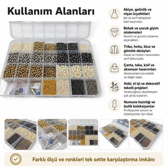 4-6-8 mm Akrilik İnci Renk ve Kalıp Seti – Gold, Nikel, B.Nikel, Krem 12 Model / 12.000 Adet + 3 Kalıp