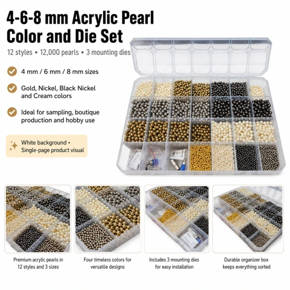 4-6-8 mm Akrilik İnci Renk ve Kalıp Seti – Gold, Nikel, B.Nikel, Krem 12 Model / 12.000 Adet + 3 Kalıp