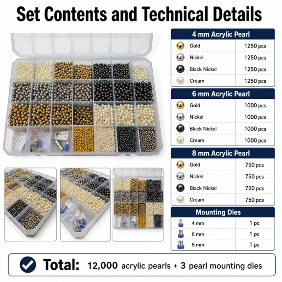 4-6-8 mm Akrilik İnci Renk ve Kalıp Seti – Gold, Nikel, B.Nikel, Krem 12 Model / 12.000 Adet + 3 Kalıp
