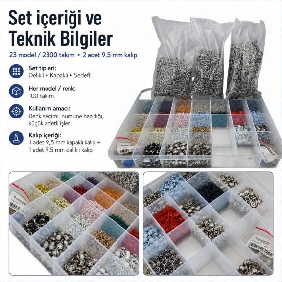 9.5 mm Paslanmaz Klıkıt Renk ve Kalıp Seti – Delikli, Kapaklı ve Sedefli 23 Model / 2300 Takım