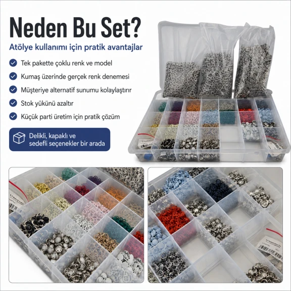 9.5 mm Paslanmaz Klıkıt Renk ve Kalıp Seti – Delikli, Kapaklı ve Sedefli 23 Model / 2300 Takım
