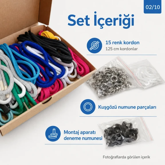 15 Renk Kordon, 24 No Kuşgözü ve Montaj Aparatı Deneme Numune Seti SETKRD2415