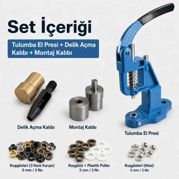 3 No Plise Sineklik Kuşgözü El Presli Başlangıç Seti, 5-5,5 mm delik açma ve montaj kalıbı ile birlikte