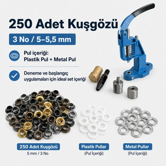 3 No Plise Sineklik Kuşgözü El Presli Başlangıç Seti, 5-5,5 mm delik açma ve montaj kalıbı ile birlikte