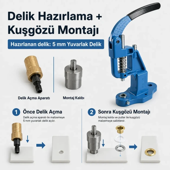 3 No Plise Sineklik Kuşgözü El Presli Başlangıç Seti, 5-5,5 mm delik açma ve montaj kalıbı ile birlikte