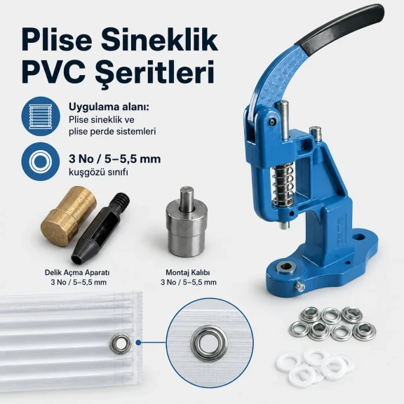 3 No Plise Sineklik Kuşgözü El Presli Başlangıç Seti, 5-5,5 mm delik açma ve montaj kalıbı ile birlikte